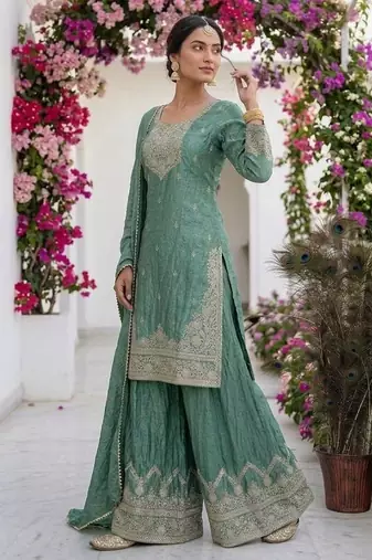 Teal silk blend embroidered sharara set