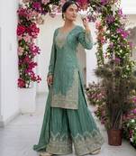 Teal silk blend embroidered sharara set