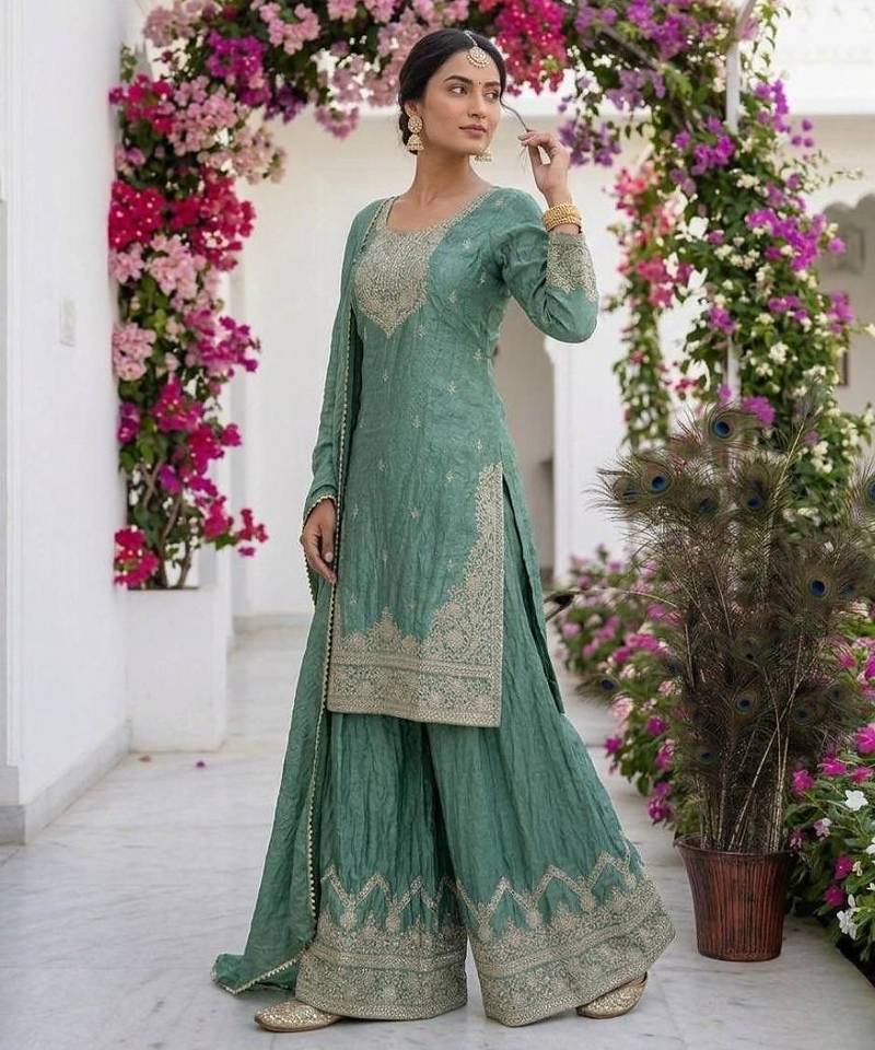 Teal silk blend embroidered sharara set