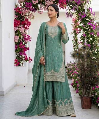 Teal silk blend embroidered sharara set 2