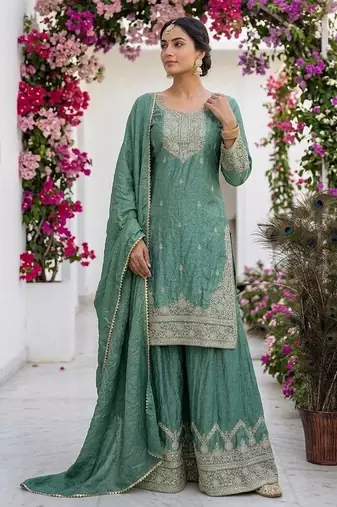 Teal silk blend embroidered sharara set