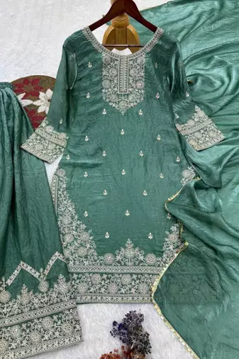 Teal silk blend embroidered sharara set
