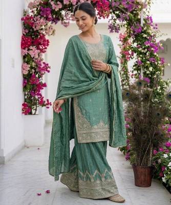 Teal silk blend embroidered sharara set 4