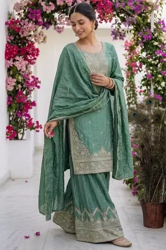 Teal silk blend embroidered sharara set