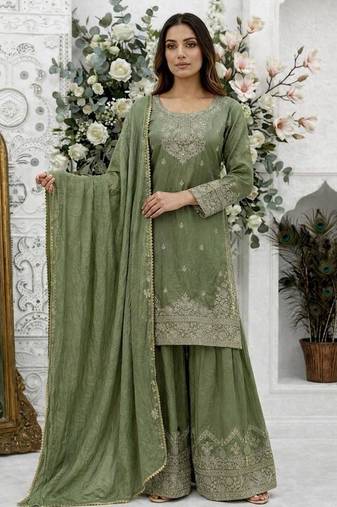 Green silk blend embroidered sharara set