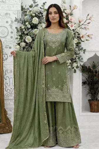 Green silk blend embroidered sharara set