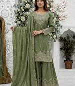 Green silk blend embroidered sharara set