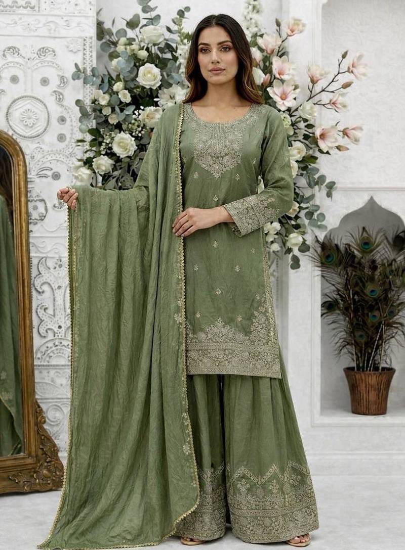 Green silk blend embroidered sharara set