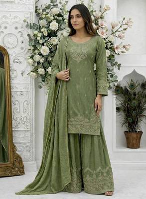 Green silk blend embroidered sharara set 2