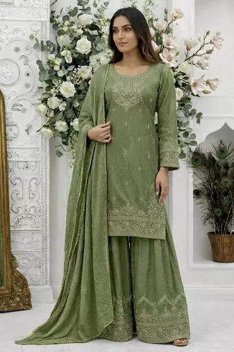 Green silk blend embroidered sharara set