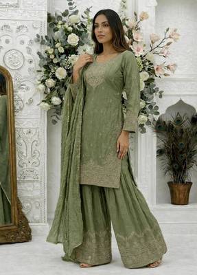 Green silk blend embroidered sharara set 3