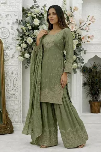 Green silk blend embroidered sharara set