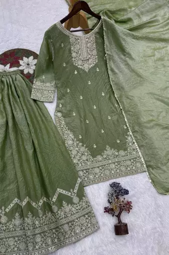 Green silk blend embroidered sharara set