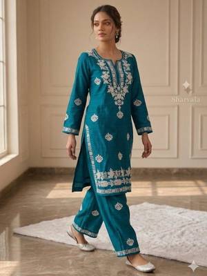 Teal rayon embroidered kurta set 1