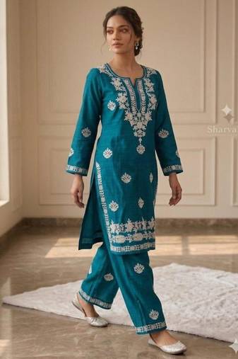 Teal rayon embroidered kurta set