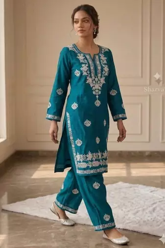 Teal rayon embroidered kurta set