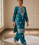 Teal rayon embroidered kurta set