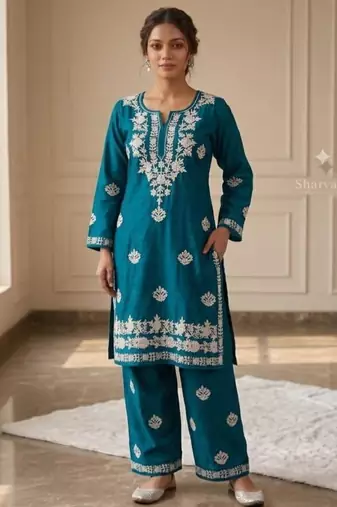 Teal rayon embroidered kurta set