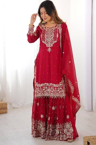 Red faux georgette embroidered sharara set