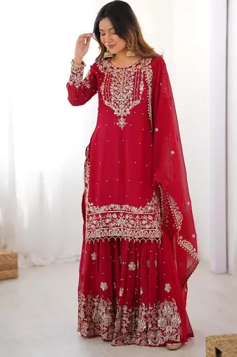 Red faux georgette embroidered sharara set