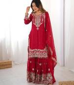 Red faux georgette embroidered sharara set