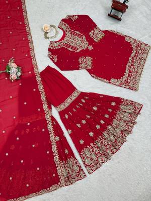 Red faux georgette embroidered sharara set 2