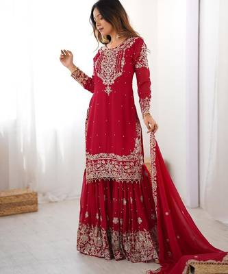 Red faux georgette embroidered sharara set 3