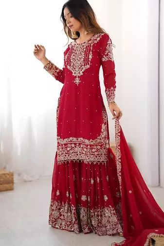 Red faux georgette embroidered sharara set