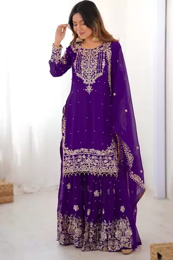 Purple faux georgette embroidered sharara set