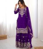 Purple faux georgette embroidered sharara set