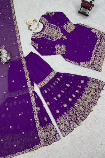 Purple faux georgette embroidered sharara set