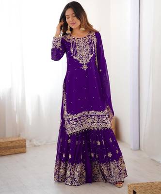 Purple faux georgette embroidered sharara set 3