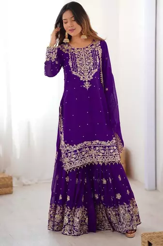 Purple faux georgette embroidered sharara set