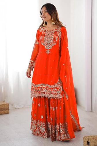 Orange faux georgette embroidered sharara set