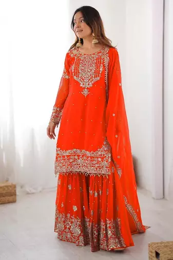 Orange faux georgette embroidered sharara set