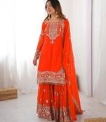 Orange faux georgette embroidered sharara set