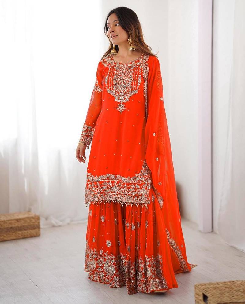 Orange faux georgette embroidered sharara set