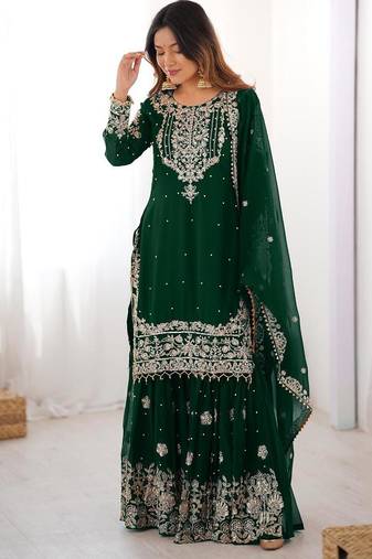 Green faux georgette embroidered sharara set