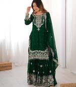 Green faux georgette embroidered sharara set