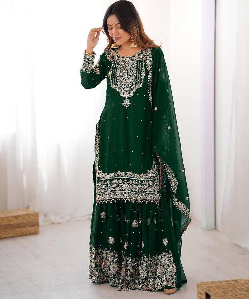 Green faux georgette embroidered sharara set