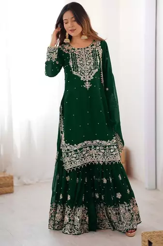 Green faux georgette embroidered sharara set