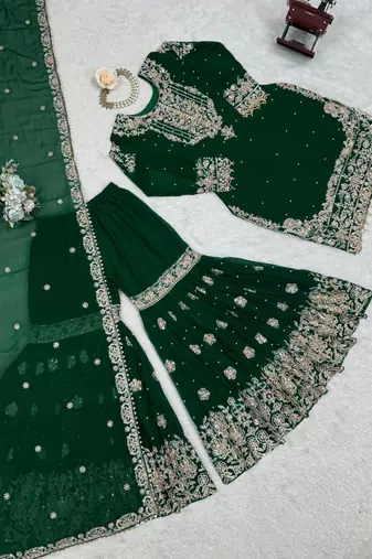 Green faux georgette embroidered sharara set