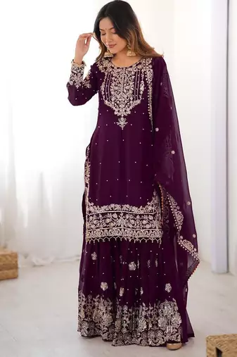 Wine faux georgette embroidered sharara set