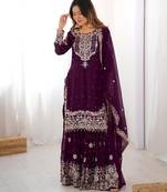 Wine faux georgette embroidered sharara set