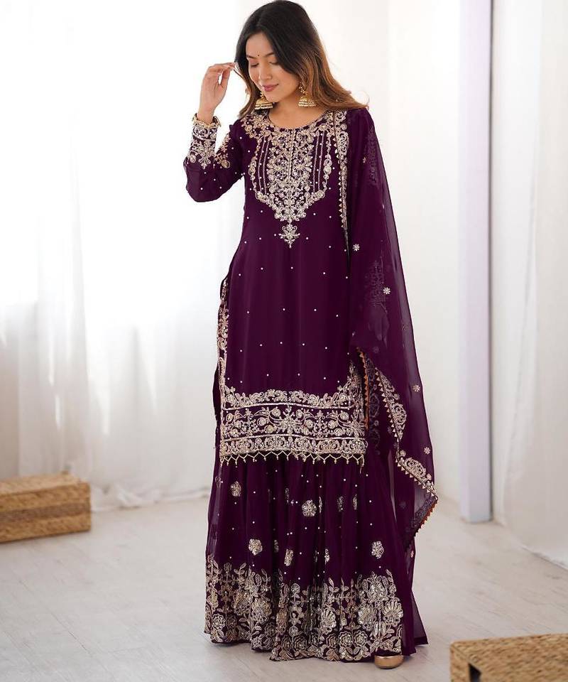 Wine faux georgette embroidered sharara set