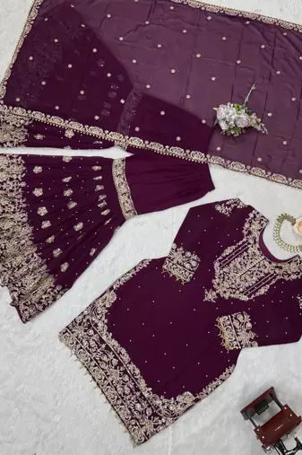 Wine faux georgette embroidered sharara set