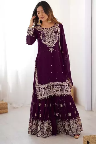 Wine faux georgette embroidered sharara set