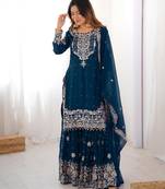 Teal faux georgette embroidered sharara set