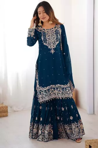 Teal faux georgette embroidered sharara set