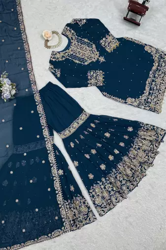 Teal faux georgette embroidered sharara set